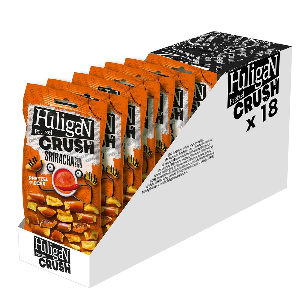 Huligan Pretzels Crush Sriracha Sauce (Pack of 18 x 65G) - Baked Pretzel Thins Savoury Snacks Bulk Healthy Vegetarian Snack Box Jalepenos Crisps Multipack