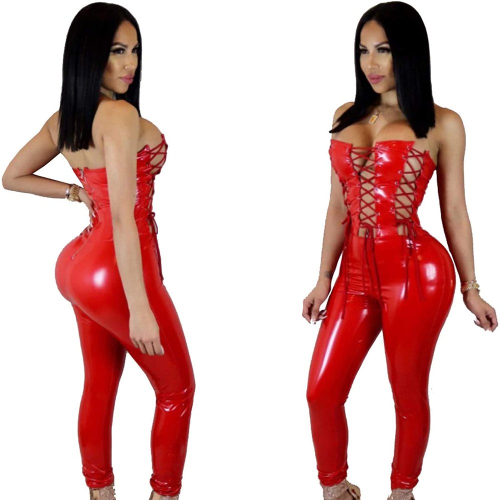 Women Sexy Catsuit Faux Leather Night Club Clothing Bodysuit Wetlook Lingerie Zipper Crotch Jumpsuit After Slim Dress Party Pole Dance Club,Red,M