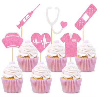 24 Pack Pink Nursing Cupcake Toppers Nurse Graduation Cupcake Picks Medical Rn Themed Cake Picks Nursing Themed Birthday Party Decorations Supplies