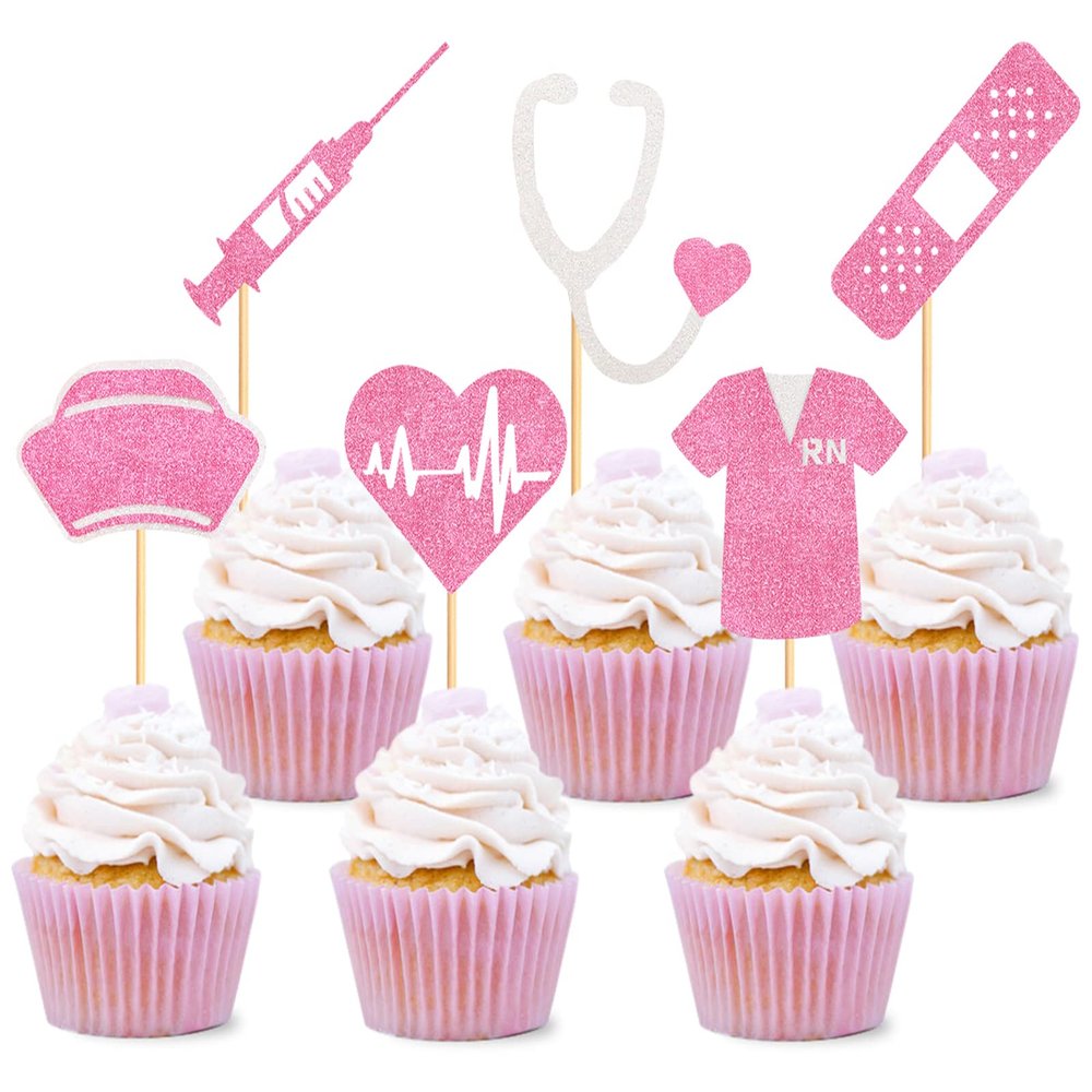 24 Pack Pink Nursing Cupcake Toppers Nurse Graduation Cupcake Picks Medical Rn Themed Cake Picks Nursing Themed Birthday Party Decorations Supplies