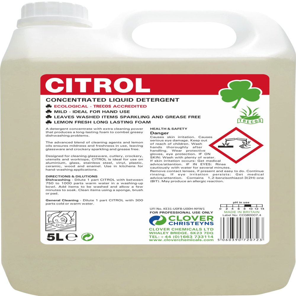 Clover Chemicals Citrol Lemon Washing Up Liquid (401) 5 Ltr