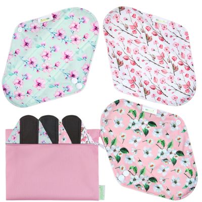 Wegreeco Reusable Menstrual Pads - Soft Cloth Sanitary Pads & Panty Liners - 6 Pack with 1 Cloth Mini Wet Bag (L, Cherry Blossoms)