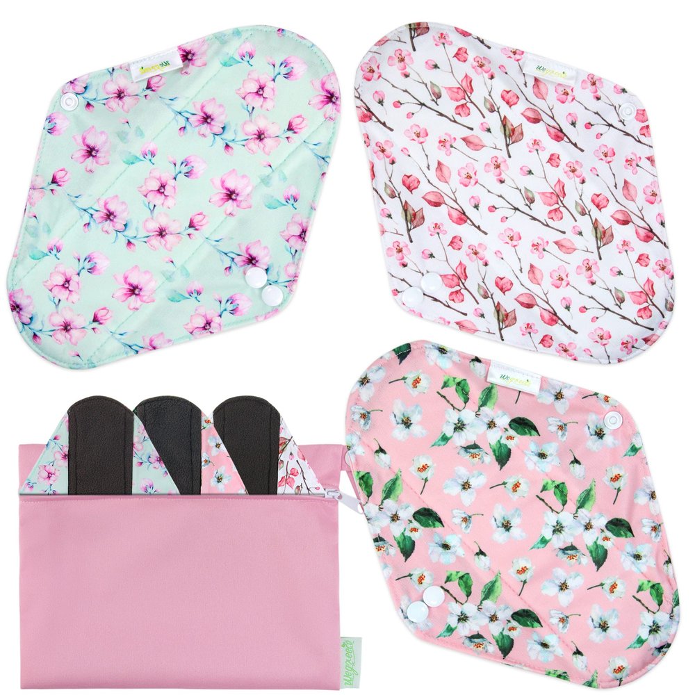 Wegreeco Reusable Menstrual Pads - Soft Cloth Sanitary Pads & Panty Liners - 6 Pack with 1 Cloth Mini Wet Bag (L, Cherry Blossoms)