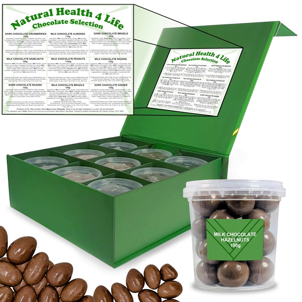 Natural Health 4 Life Carol Anne Chocolate Gift Box 1030 g  9 Varieties of Milk and Dark Chocolate Nuts in Resealable Pots  Gift for Easter, Birthdays and Christmas