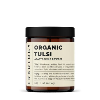 Erbology Organic Tulsi Powder 90g - 90 Servings - Holy Basil - Calm and Mood - Sustainably Sourced Straight from Farm in India - Small Batch - Vegan - GMO-Free - Recyclable Glass Jar