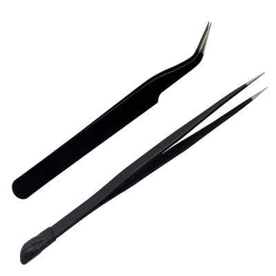 2 PCS Nail Art Tweezers, Straight and Curved Tip Tweezer Rhinestone Stickers Picker Pointed Tweezers for Craft, Makeup Tools - Black