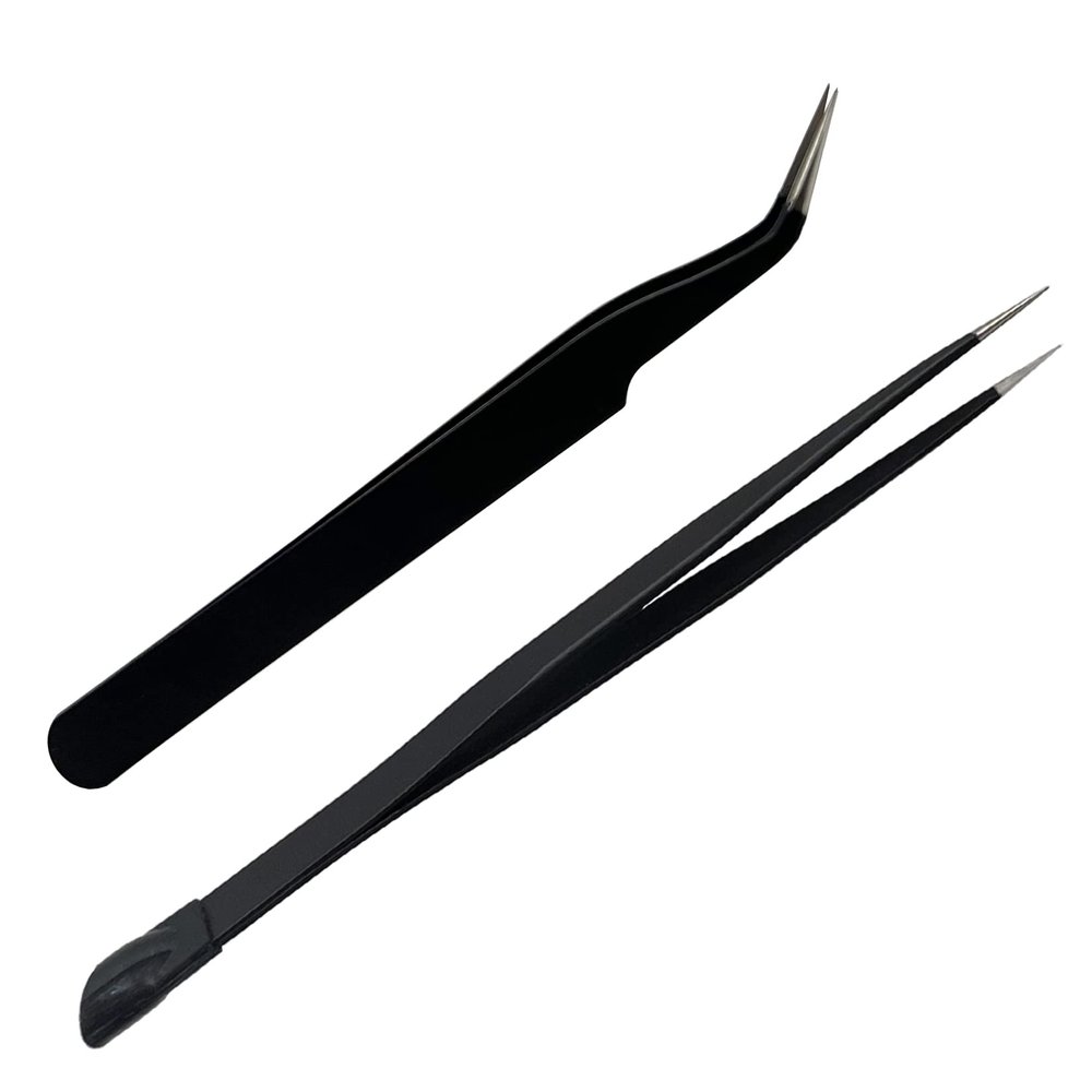 2 PCS Nail Art Tweezers, Straight and Curved Tip Tweezer Rhinestone Stickers Picker Pointed Tweezers for Craft, Makeup Tools - Black