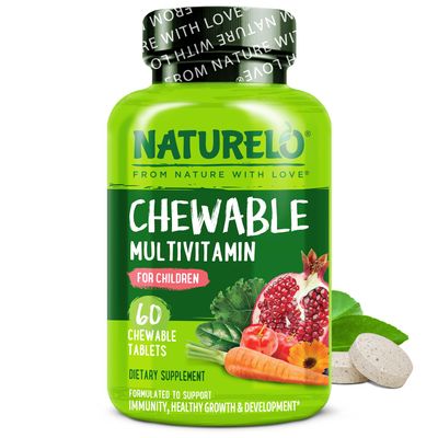 NATURELO Chewable Multivitamin for Children  Natural Whole Food Nutrients - 60 Chewable Tablets | 1 Month Supply