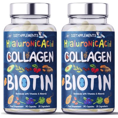 2 Bottles Biotin High Strength with Marine Collagen & Hyaluronic Acid  35 Ingredients - Advanced Hair, Skin, Nails & Bones Formula with Vitamins & Minerals  90 Capsules  UK Made, GMP Certified