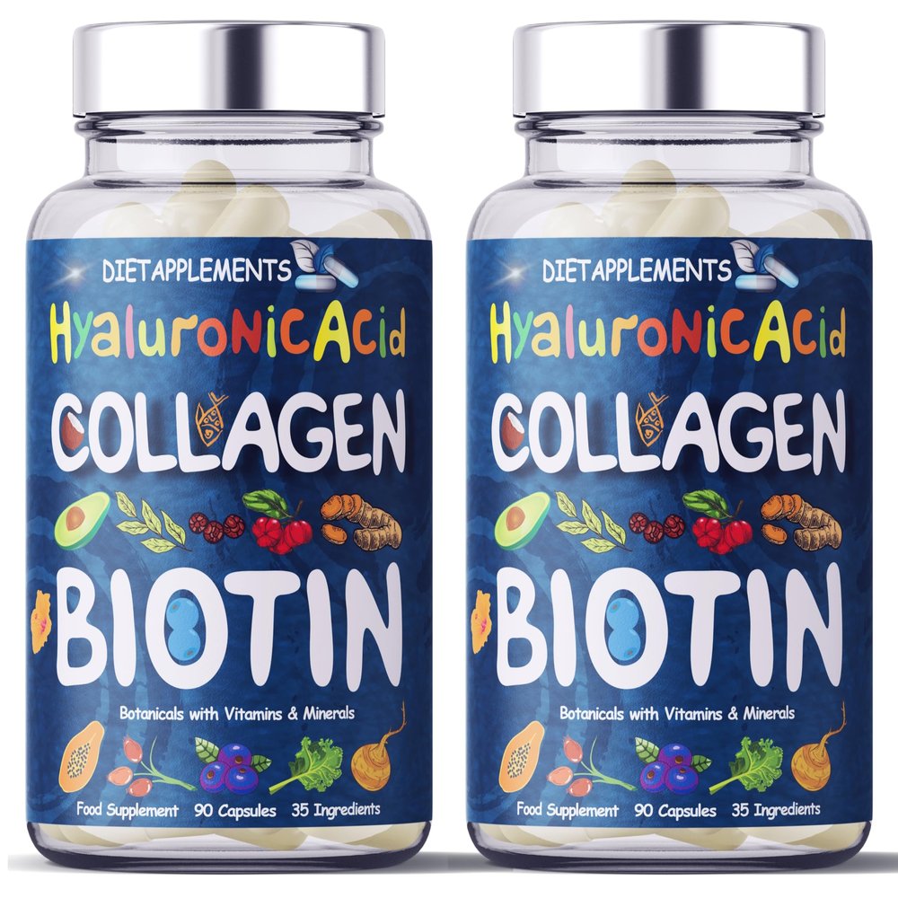 2 Bottles Biotin High Strength with Marine Collagen & Hyaluronic Acid  35 Ingredients - Advanced Hair, Skin, Nails & Bones Formula with Vitamins & Minerals  90 Capsules  UK Made, GMP Certified