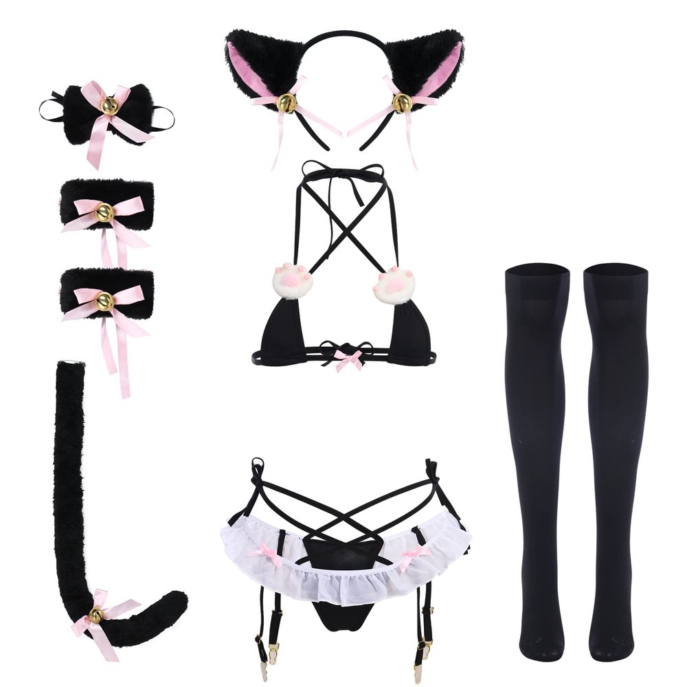 ABAFIP Women's Cute Anime Kawaii Cat Kitten Cosplay Strappy Lingerie Halter Micro Bra Panty Headband Garter Stockings Set, Black-01, One Size
