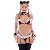 ABAFIP Women's Cute Anime Kawaii Cat Kitten Cosplay Strappy Lingerie Halter Micro Bra Panty Headband Garter Stockings Set, Black-01, One Size view 2