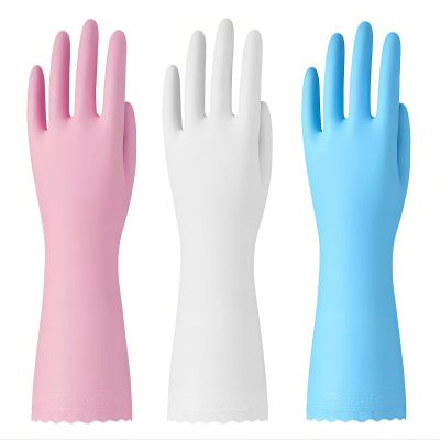 3 Pairs of Reusable Cleaning Gloves - Latex Free Kitchen Cleaning Gloves with Cotton Liner- Household Dishwashing Gloves, Non- Slip Waterproof (Medium, Blue+Pink+White)