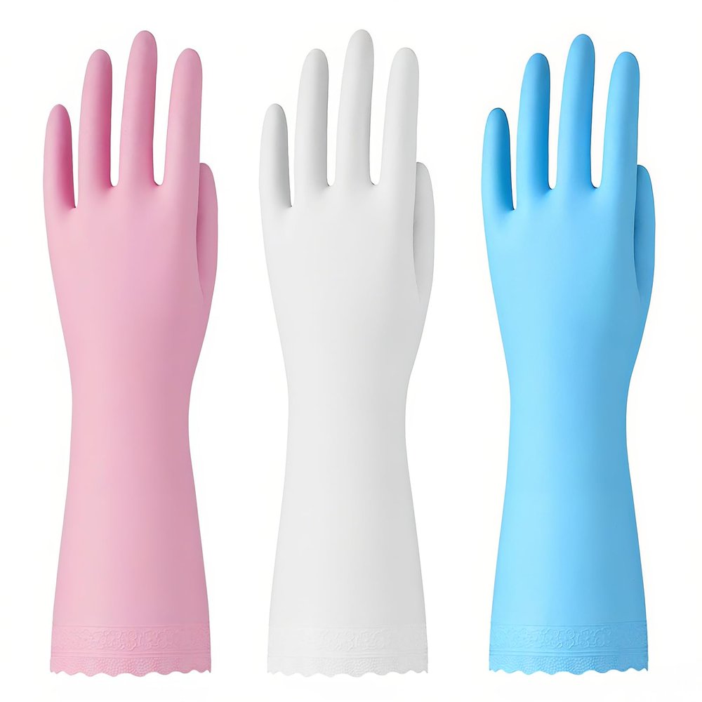 3 Pairs of Reusable Cleaning Gloves - Latex Free Kitchen Cleaning Gloves with Cotton Liner- Household Dishwashing Gloves, Non- Slip Waterproof (Medium, Blue+Pink+White)