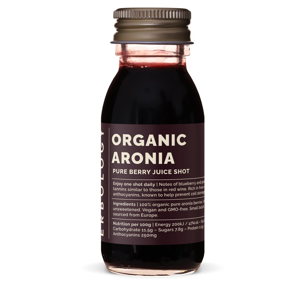Erbology Organic Aronia Berry Juice 12 Daily Shots (60ml) - Glowing Skin - Rich in Anthocyanins - Straight from Farm in Europe - Undiluted - No Added Sugar - Non-GMO - Recyclable Glass Bottle