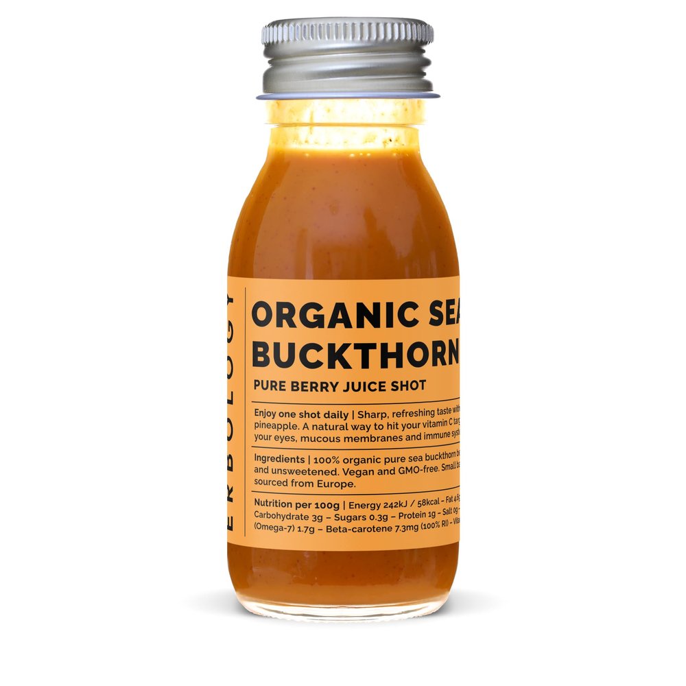Erbology Organic Sea Buckthorn Juice 12 Daily Shots (60ml) - Supports Immunity and Boosts Energy - High in Vitamin C, Beta-carotene and Omega-7 - Straight from Farm in Europe - Undiluted