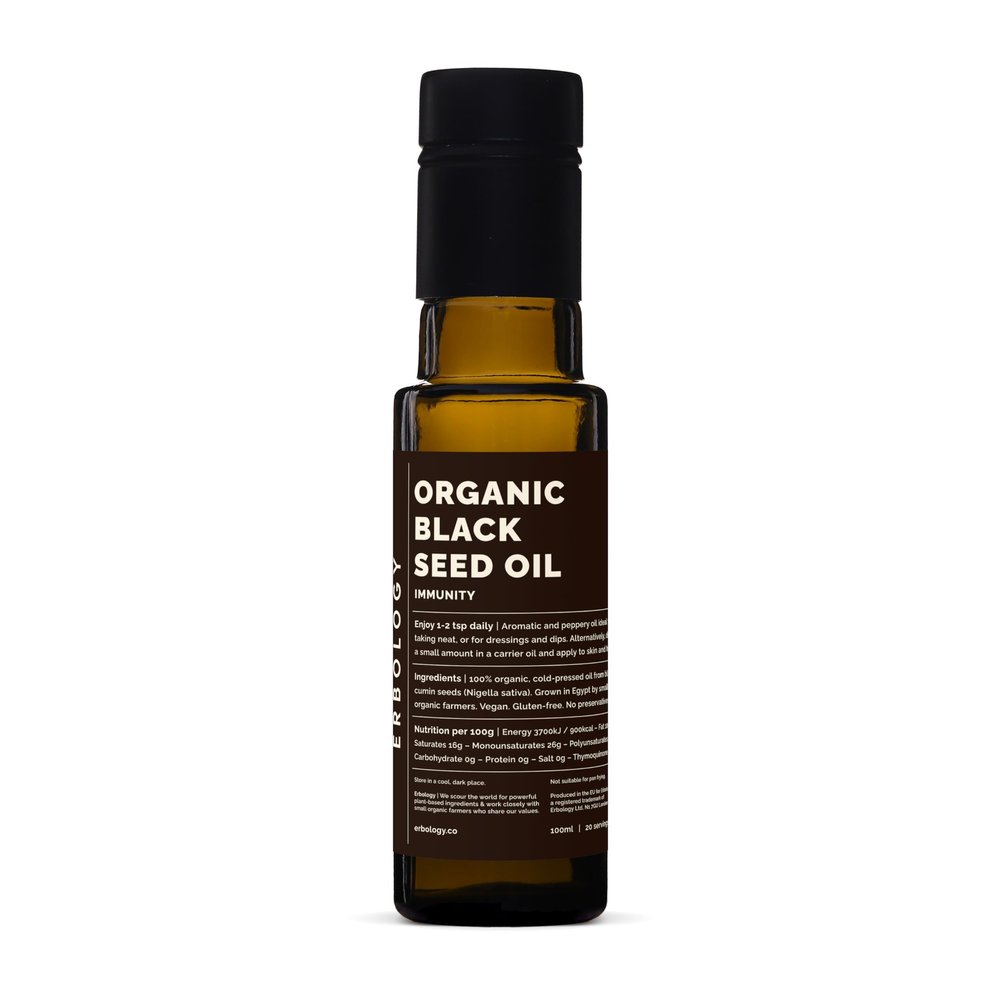 Erbology Organic Black Seed Oil 100ml - Nigella Sativa - Cold-Pressed - Over 2.5% Thymoquinone - Supports Digestive Health and Immunity - Non-GMO - No Additives or Preservatives
