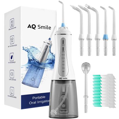 AQ Smile Cordless Water Flosser Picks for Teeth Cleaning,Portable Dental Oral Irrigator with 5 Modes 6 Jet Tips, Rechargeable Water Floss Teeth Cleaner with 350ML Detachable Water Tank for Home Travel