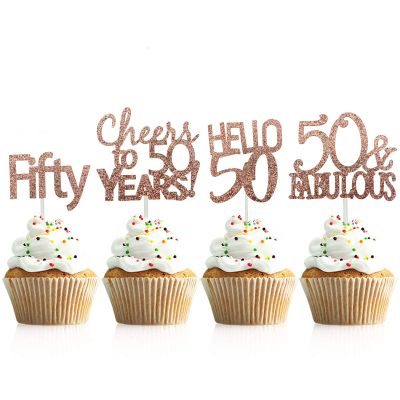 24 Pcs Rosegold 50th Birthday Party Decoration - Hello 50 Cupcake Toppers, Cheers To 50 Years Cupcake Toppers, Fifty Cupcake Toppers, 50&Fabulous Cupcake Toppers (50)