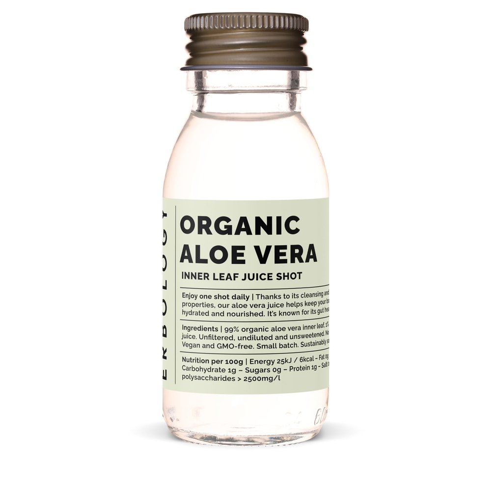 Erbology Organic Aloe Vera Juice 12 Daily Shots (60ml) - Immunity Support and Detox - from Inner Leaf - Straight from Farm in Spain - Undiluted - No Added Sugar - Non-GMO - Recyclable Glass Bottle