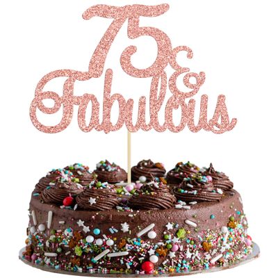 Gyufise 1Pcs 75 & Fabulous Cake Topper Rose Gold Glitter Seventy Five and Fabulous Cake Toppers Happy 75th Birthday Cake Pick for 75th Wedding Anniversary Birthday Party Cake Decorations Supplies