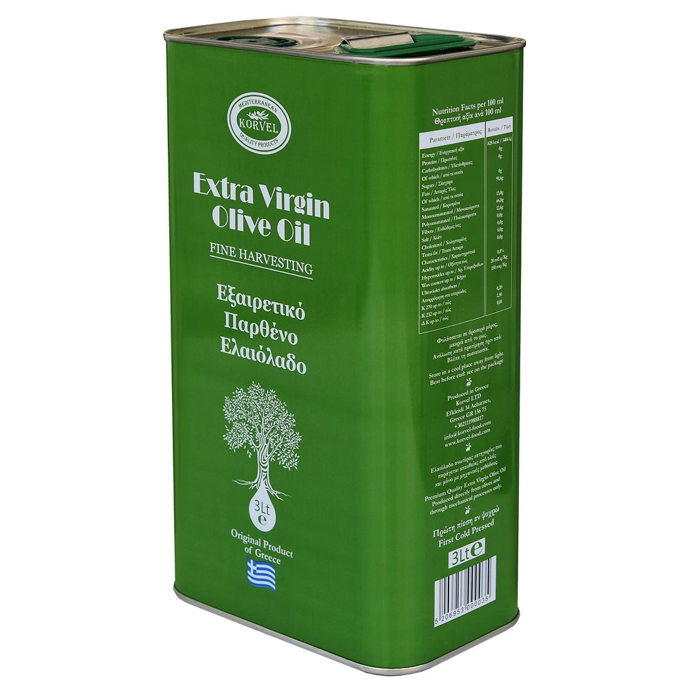 KORVEL Olive Oil - Premium Extra Virgin Olive Oil 3 liter - Fresh from the harvest - Cold pressed Olive oil 3l - Koroneiki Olives - Kalamata Region in Greece - Canister with spout