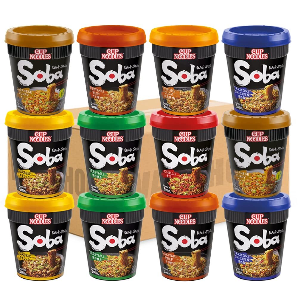 Nissin Cup Soba Pot Noodles 12 Servings Mixed Assorted Flavours (Classic, Teriyaki, Chicken, Chilli, etc) | Selected by WaNaHong