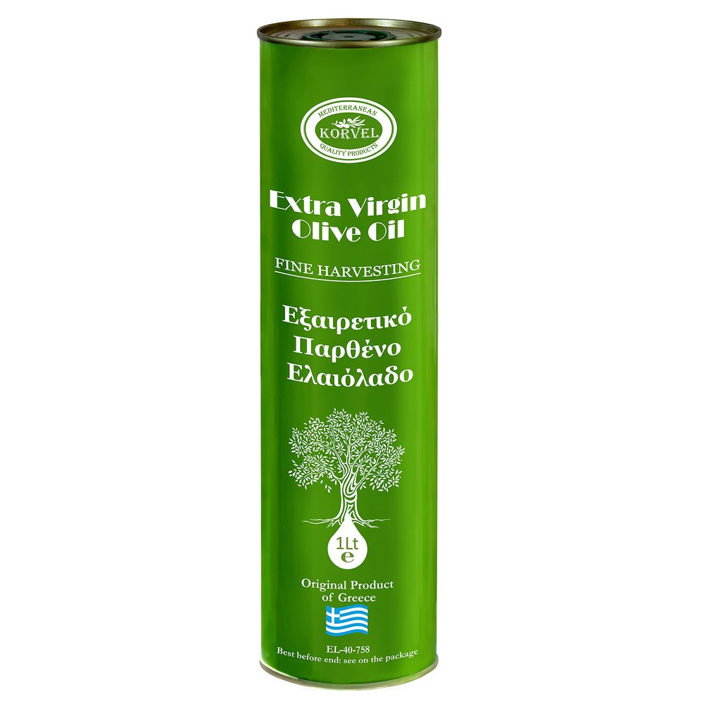 KORVEL Olive Oil - Premium Extra Virgin Olive Oil 1 liter - Fresh from the harvest - Cold pressed Olive oil 1l - Koroneiki Olives - Kalamata Region in Greece - Canister with spout