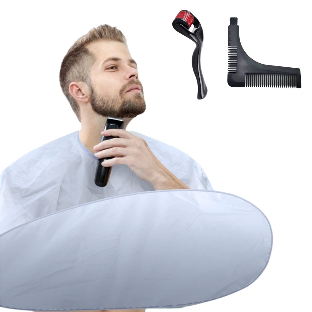 3PcsSet Beard Bib Catcher, No Sticky Hooks Novelty Shaving Bib with Beard Roller & Shaping Tool, Trimming Apron, Grooming Birthday Gift for Men Father Husband