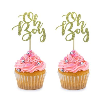 24 PCS Golden Glitter Oh Boy Cupcake Toppers for Birthday Party Wedding Baby Shower Cake Dessert Decorations Supplies Picks