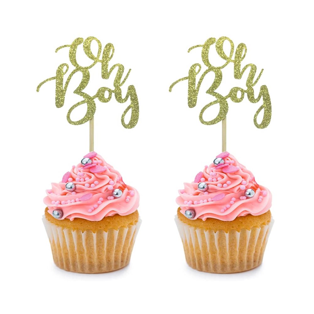 24 PCS Golden Glitter Oh Boy Cupcake Toppers for Birthday Party Wedding Baby Shower Cake Dessert Decorations Supplies Picks