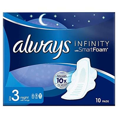 Always Infinity Night (Size 3) Sanitary Pads with Wings, 10 per Pack (Pack of 5)