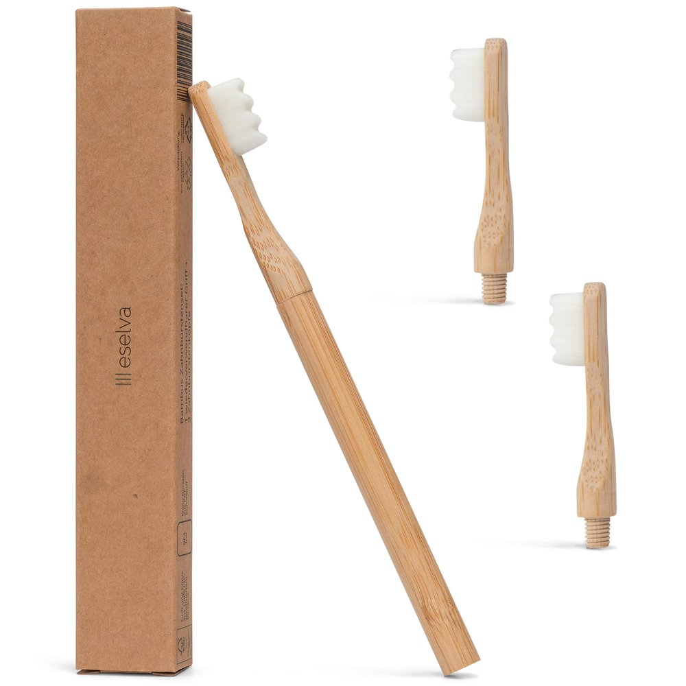 eselva Nano Bamboo Toothbrush - Set (1 Toothbrush + 2 Interchangeable Heads) - Extra Soft BPA-Free Nano Bristles for Healthy Teeth and Gums - Interchangeable Heads for More Sustainability