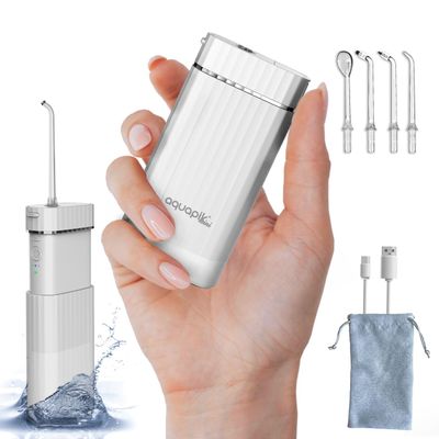 Aquapik Mini Portable Water Flosser Cordless Compact Design Retractable Water Tank Oral Irrigator for Braces/Orthodontic/Sensitive Gums 4 Nozzles 3 Powers IPX8 Waterproof Ideal for Travel and Office