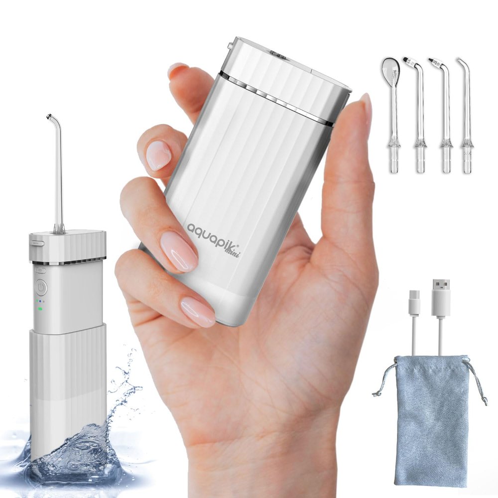 Aquapik Mini Portable Water Flosser Cordless Compact Design Retractable Water Tank Oral Irrigator for Braces/Orthodontic/Sensitive Gums 4 Nozzles 3 Powers IPX8 Waterproof Ideal for Travel and Office