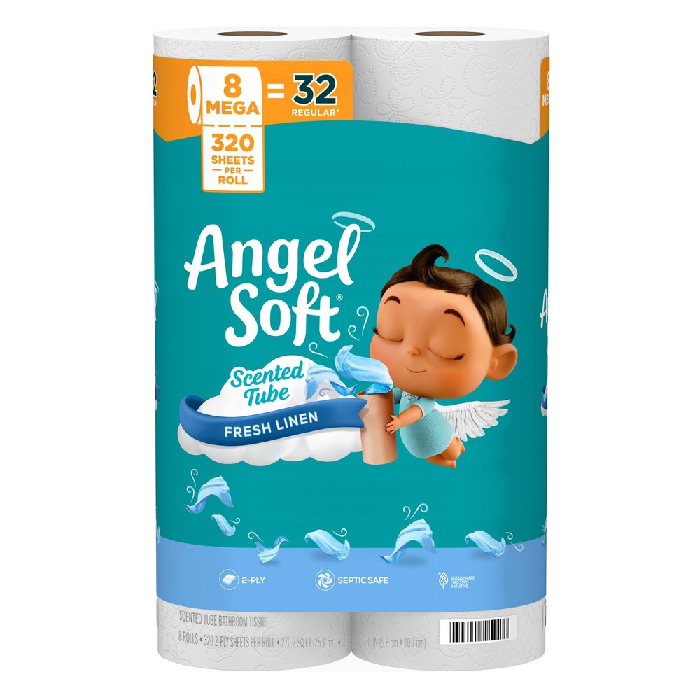 Angel Soft Toilet Paper with Fresh Linen Scented Tube, 8 Mega Rolls = 32 Regular Rolls, Soft and Strong Toilet Tissue