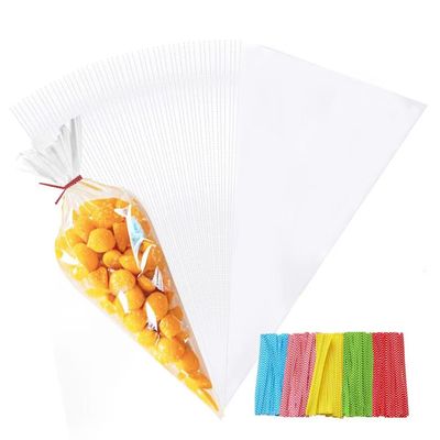100pcs Sweet Cone Bags 25x13cm Clear Cone Bags with Ties for Party Supplies, Sweets, Biscuits Displaying & Wrapping on Birthday Parties and Festivals