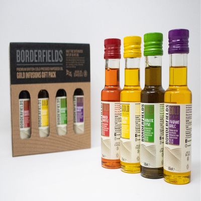 Borderfields Gold Infusion Gift Pack Premium British Cold Pressed Rapeseed Oil 1x Sicilian Lemon, 1x Fragrant Garlic, 1x Smoked Chipotle & 1x Aromatic Thyme 4 x 100ml Bottle Gift box