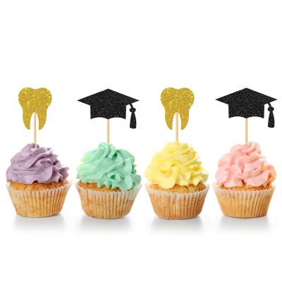 24 Pcs Dentist Graduation Cupcake Toppers Decorations/Congrats Dentist Cupcake Decor/Congrats Grad Cupcake Toppers/Doctor Graduation Party Cupcake Decorations/Gold Blakc Glitter