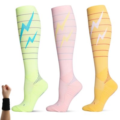 Dee Plus Compression Socks 2 Pair Knee-High Soccer Socks with Lightning for Men & Women Team Sport Cushion Socks for Athletic, Running, Flight, Travel, Cycling (2 Pair - Yellow,XXL)