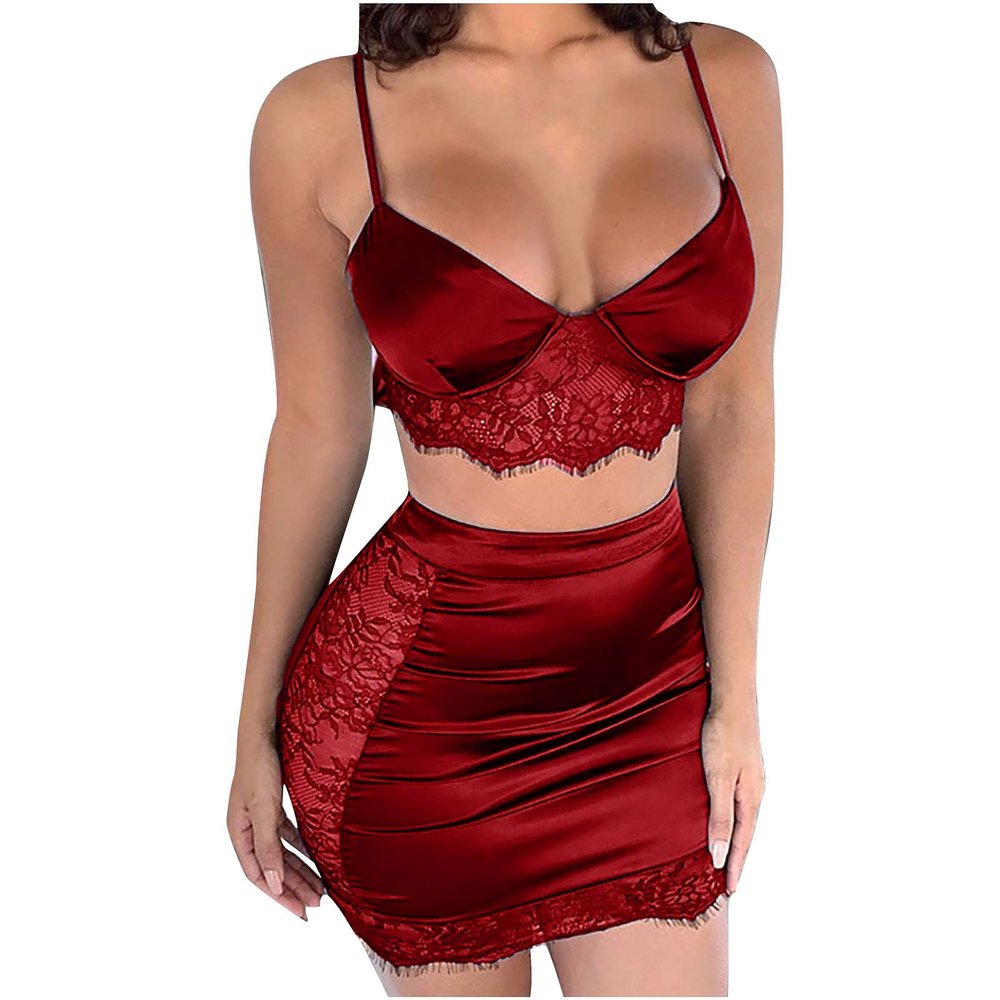 AMhomely Sexy Underwear Female Naughty Erotic Outfits Ladies Charming Lace Vest Hollow Mesh See Through Nightdress Set Slutty Underwears Nightwear Sets for Women UK Sale Clearance, Red, XXL