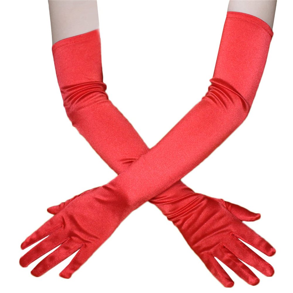 Achsoo Women's Long Evening Party Patent Leather Elegant Gloves Ladies Costume Dress Cosplay (Red(Satin Fabric))