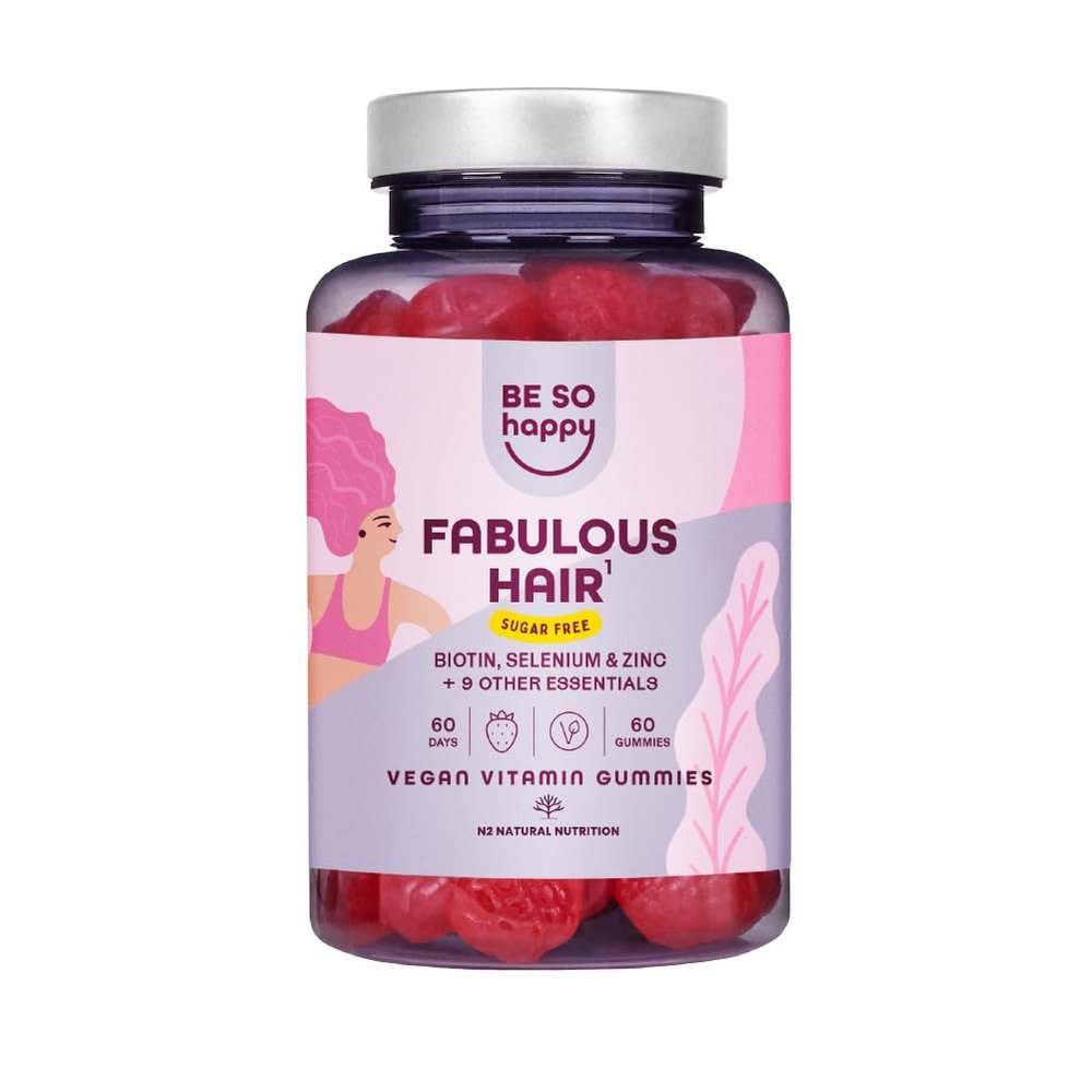 BeSoHappy Biotin Gummies 6000mcg Complex for Hair Growth, 60 Days Supply with Selenium, Zinc, B12 Vitamin, Retinol Vitamins B6, C, D, E, Strawberry Candies Flavor, Vegan.