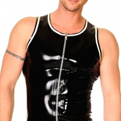 Black Latex Vest Top Latex Rubber Sleeveless Shirt with Front Zip, Pink,XL