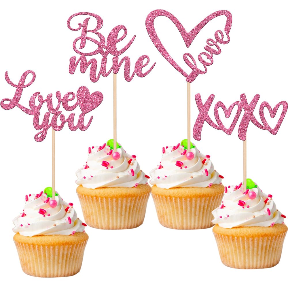 24 Pack Valentine's Day Cupcake Toppers Glitter XOXO Love You Cupcake Picks Be Mine Cake Decorations for Valentine's Day Theme Wedding Bridal Shower Birthday Party Supplies Pink
