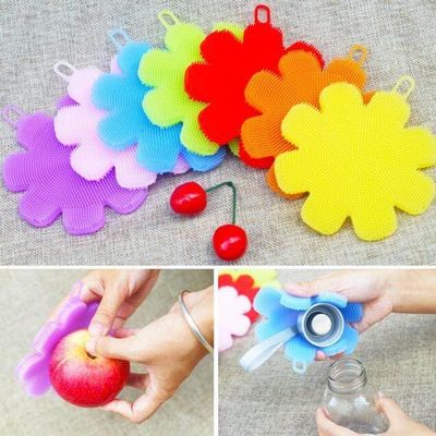 1pc Silicone Dishwashing Sponge Brush Kitchen Cleaning Pad Scrubber Flower Dishwashing Brush (random Color)