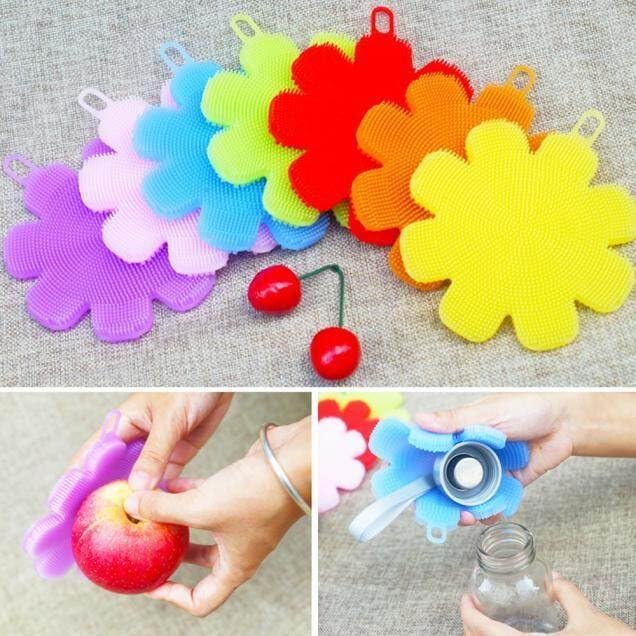1pc Silicone Dishwashing Sponge Brush Kitchen Cleaning Pad Scrubber Flower Dishwashing Brush (random Color)