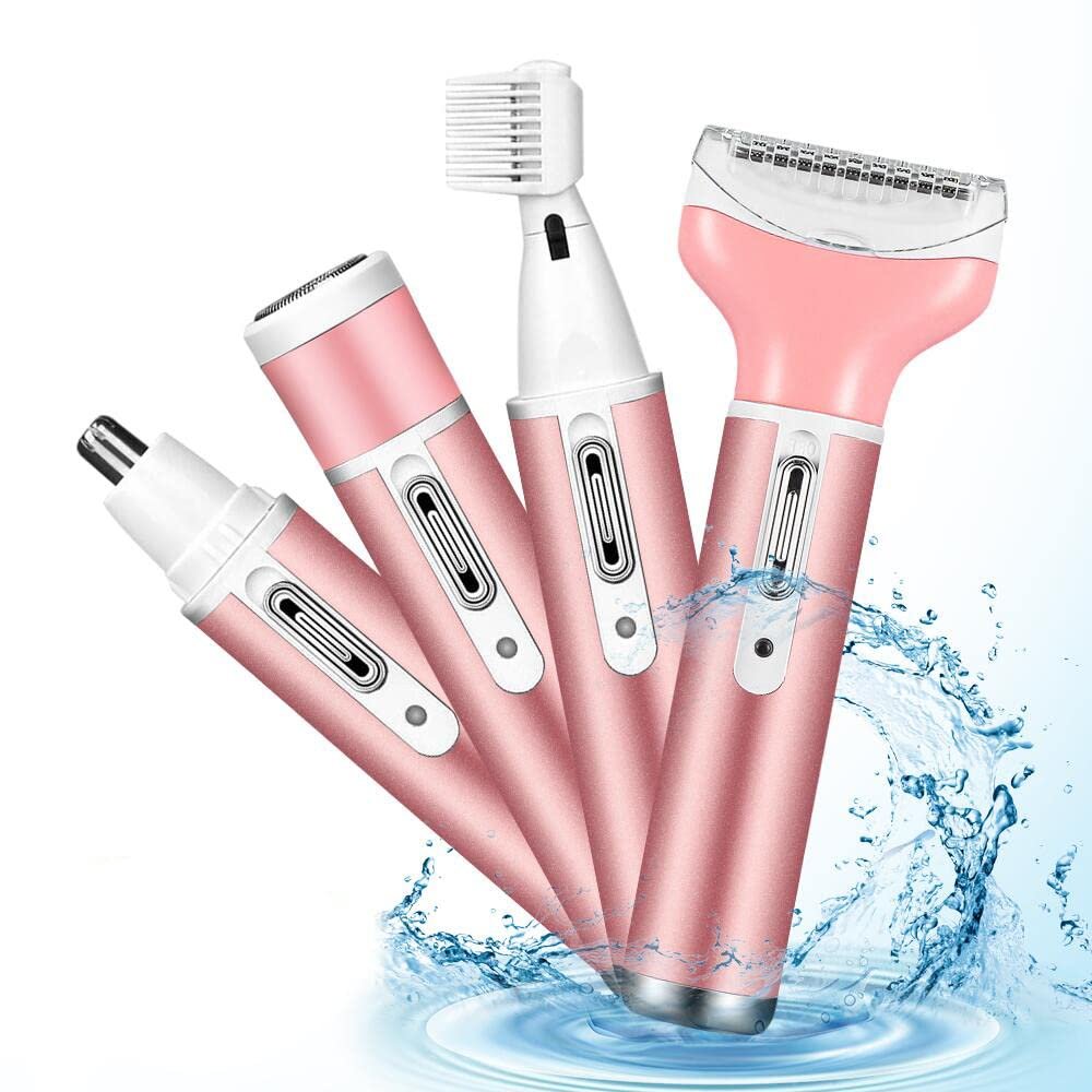4 in 1 Women Electric Shaver Rechargeable Waterproof Razor Painless Epilator Body Hair Remover Nose Hair Beard Bikini Trimmer Eyebrow Face Facial Armpit Legs Removal Clipper Lady Grooming Groomer Kit