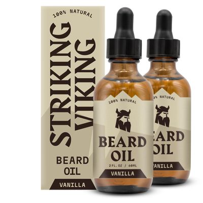Striking Viking Vanilla Beard Oil Set - Pack of 2, 60 ml Vanilla Scent - Beard Growth Formula with Jojoba Extract - Hydrating Moisturiser - Fragrant Moustache Oil for Softness & Itch Relief