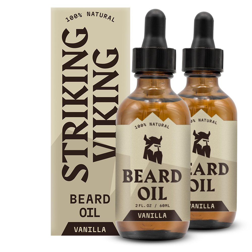 Striking Viking Vanilla Beard Oil Set - Pack of 2, 60 ml Vanilla Scent - Beard Growth Formula with Jojoba Extract - Hydrating Moisturiser - Fragrant Moustache Oil for Softness & Itch Relief